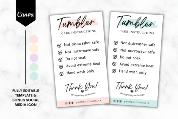 Tumbler Care Card Template 5 Colors: Graphics & Print Templates